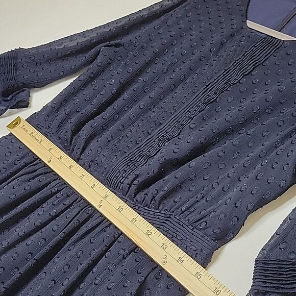 4 BANANA REPUBLIC CLASSIC CHIFFON SWISS DOT FLUTTER SLEEVE NAVY BLUE LINED DRESS - Picture 13 of 14